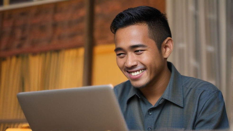 An Indonesian man, happy while looking at his laptop.