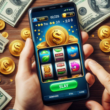 A Samsung smartphone screen showing a mobile slot game with coins and cash symbols.