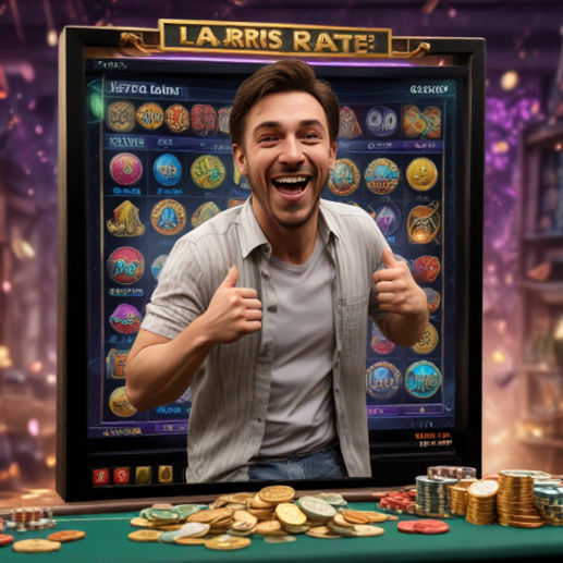 A player celebrating after winning on Laris88 slot, with coins and chips on the screen.