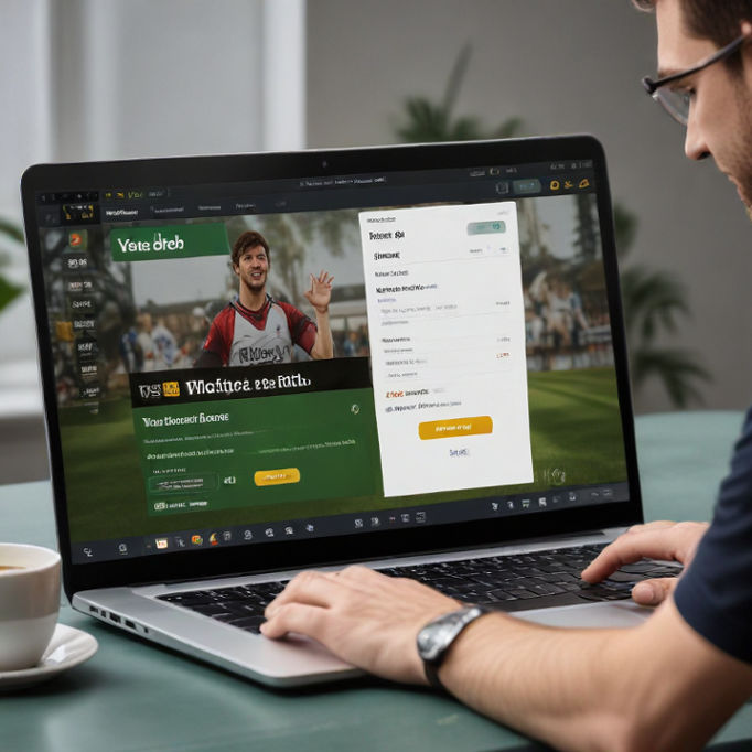A user on his laptop play at Yesbet's website, receiving a welcome bonus notification on their screen.