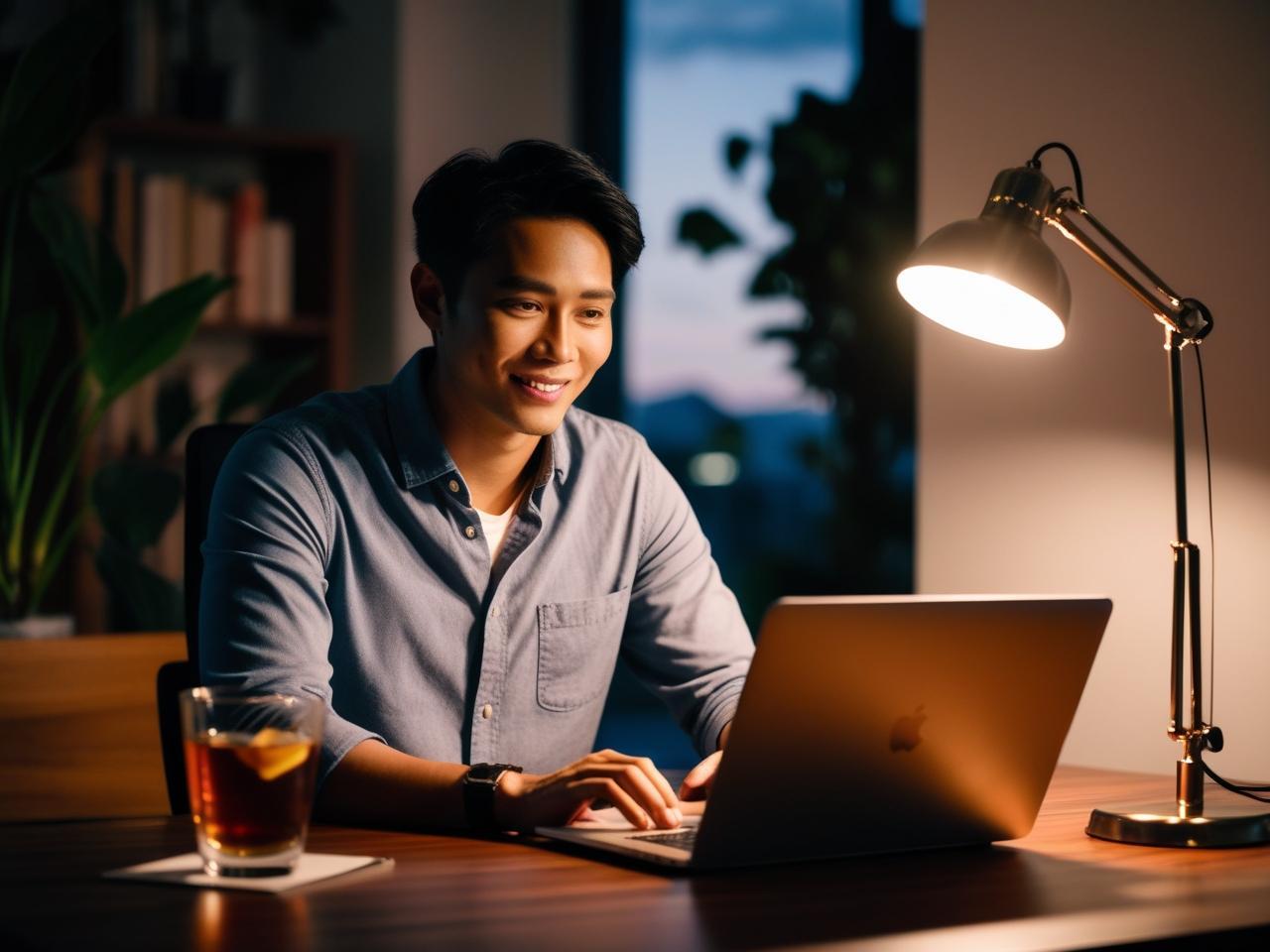Young Malaysian man smiling at laptop, relaxed home setting with evening lighting.