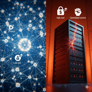 A split image contrasts decentralized storage with centralized cloud giants. The left side shows a glowing, interconnected network of nodes with icons for "Privacy" and "Low Cost." The right side features a large, dark server rack emanating red lightning, with icons for "High Cost" and "Centralized Control."