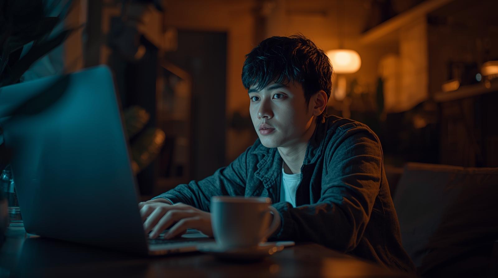 Young Malaysian adult using laptop at home with blurred screen, coffee beside.
