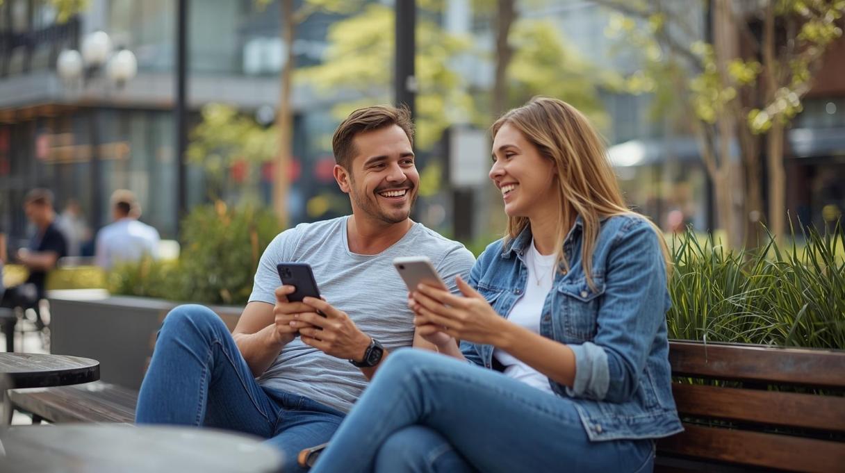 Friends discussing sports outdoors while casually checking phones in bright urban setting.