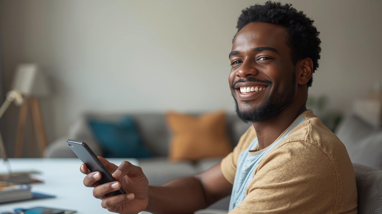 Happy young man enjoying live baccarat game on phone at home.