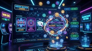 A futuristic online casino interface with glowing cryptocurrency symbols, blockchain network visuals and digital coins