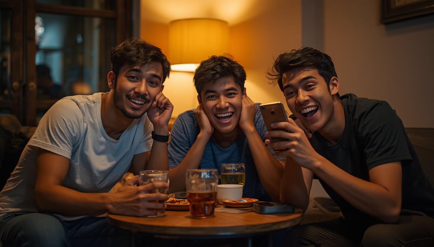 Friends laugh together at night, phone screen turned away from view.