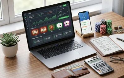 personal finance and online gambling management, showing a laptop displaying an online casino dashboard beside a notebook with a written budget plan, calculator, smartphone, wallet, coins, and poker chips neatly arranged on a modern desk