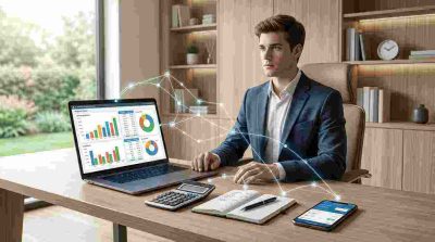 Person managing a digital entertainment budget on a laptop with calculator, notebook, and smartphone
